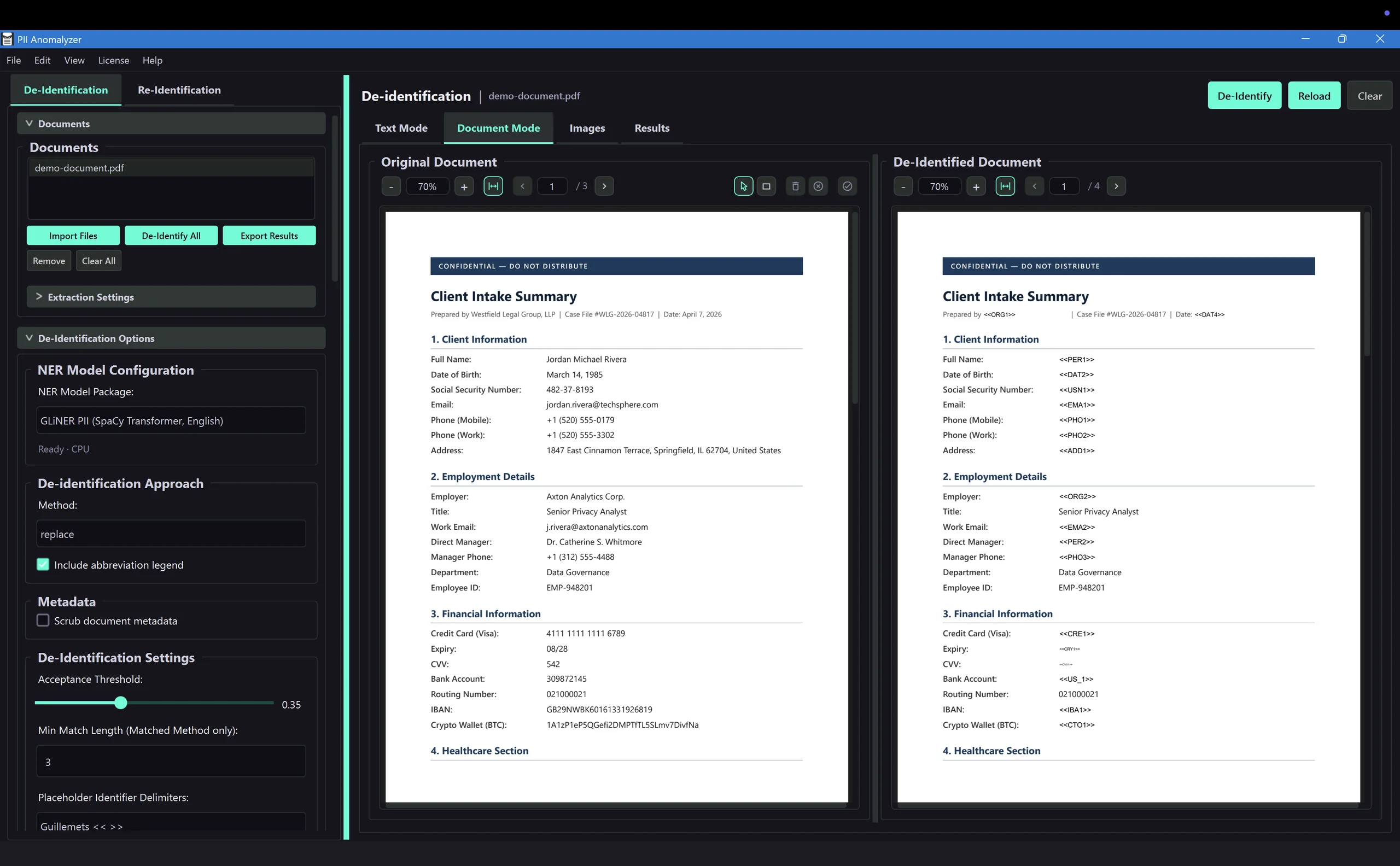 PII Anomalyzer Document Mode showing an original document beside its anonymized version, with names and IDs replaced by labeled placeholders
