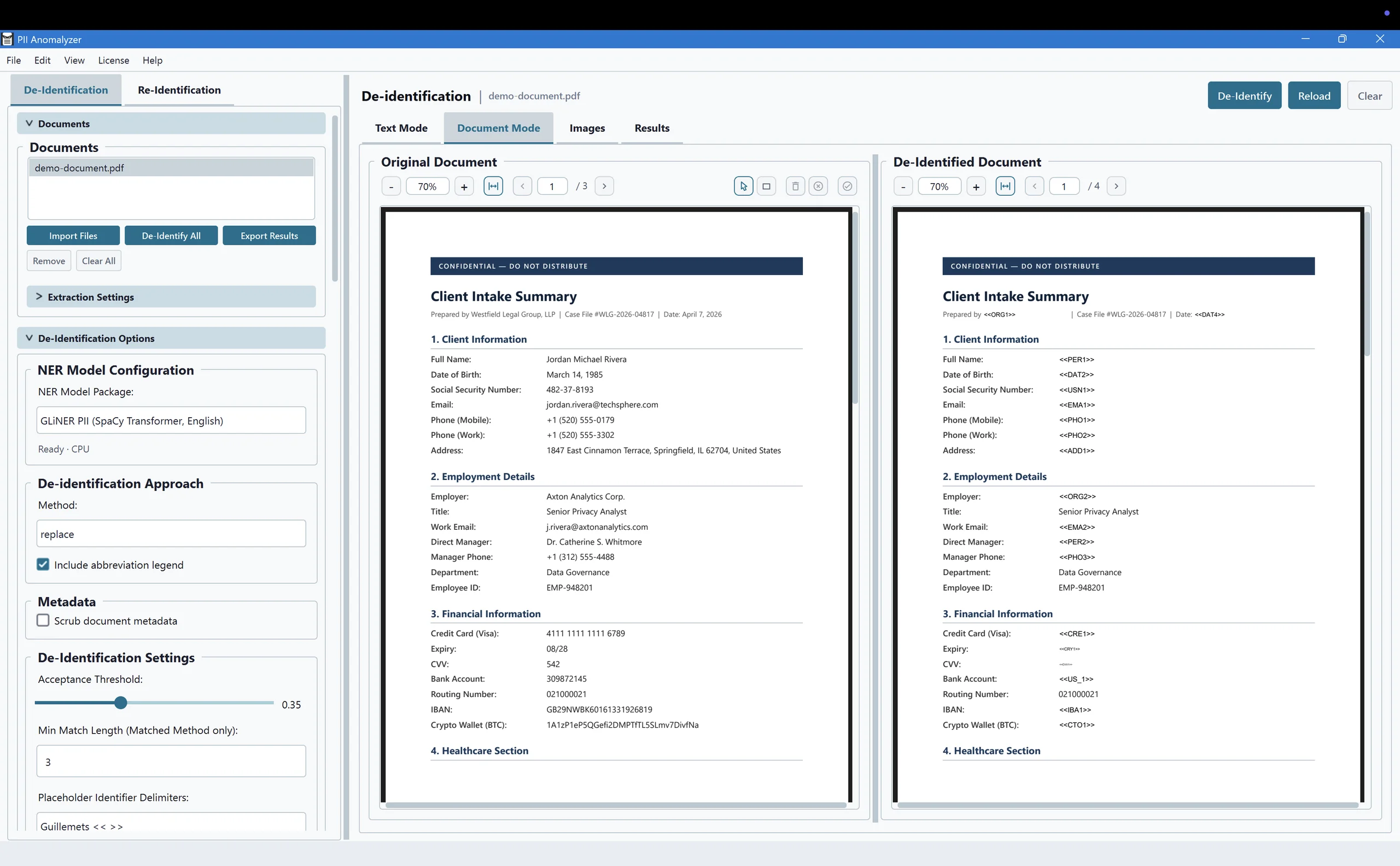 PII Anomalyzer Document Mode showing an original document beside its anonymized version, with names and IDs replaced by labeled placeholders