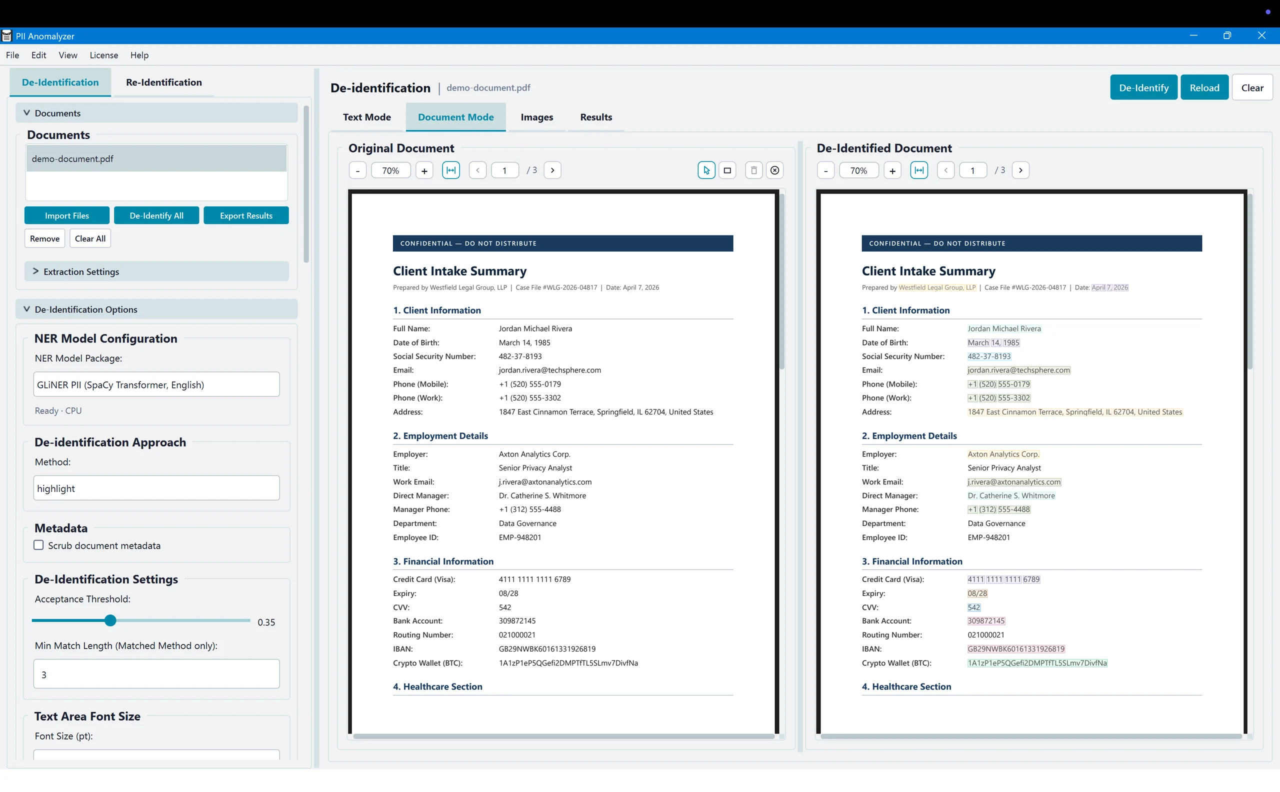 PII Anomalyzer Document Mode showing side-by-side original and de-identified PDF views