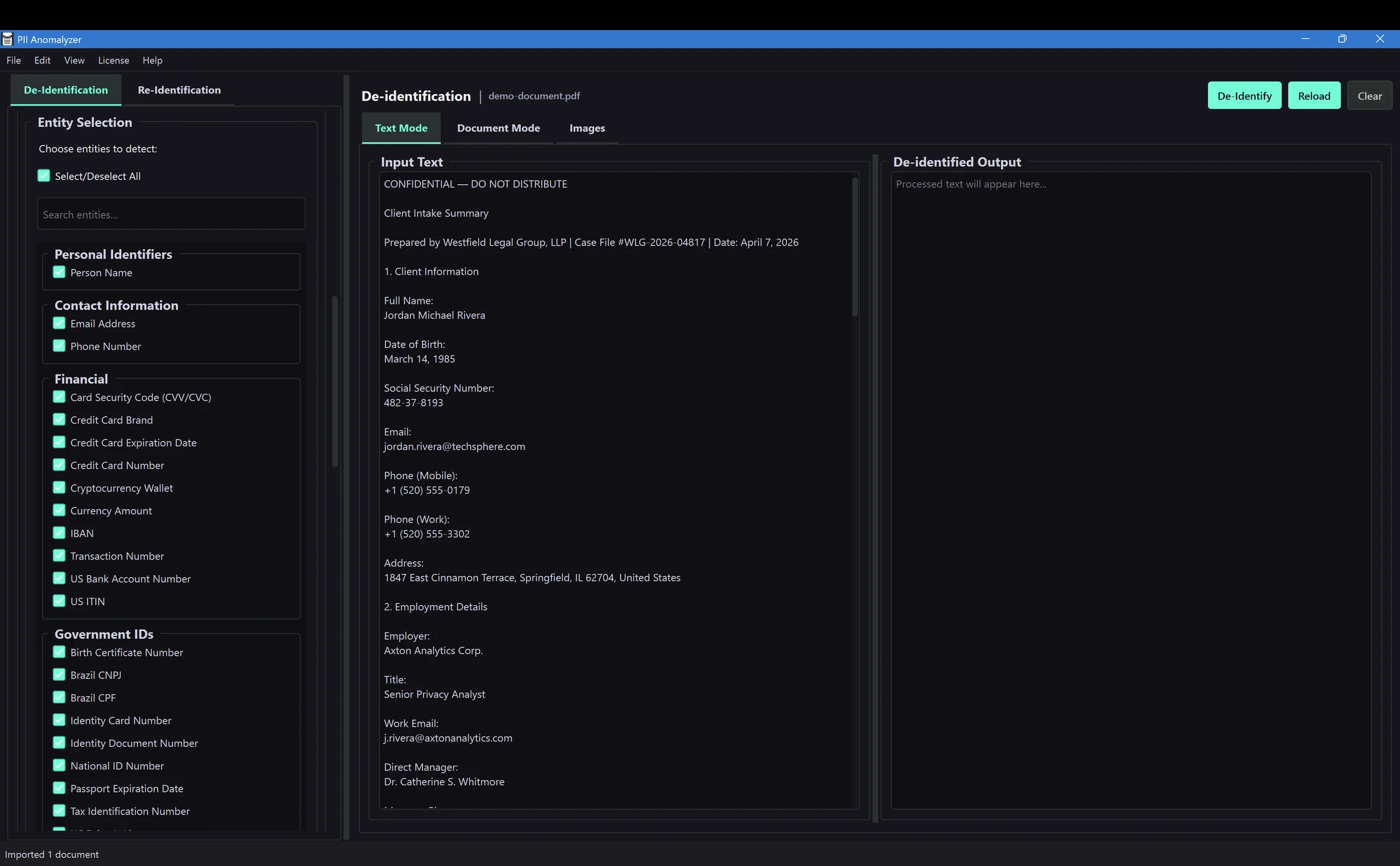PII Anomalyzer Entity Selection sidebar showing PII types grouped into categories with checkboxes and a search box