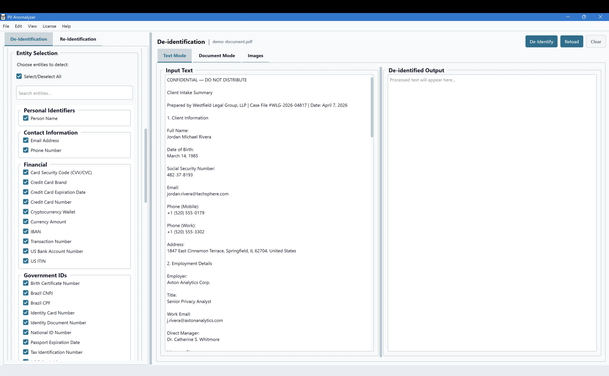 PII Anomalyzer Entity Selection sidebar showing PII types grouped into categories with checkboxes and a search box