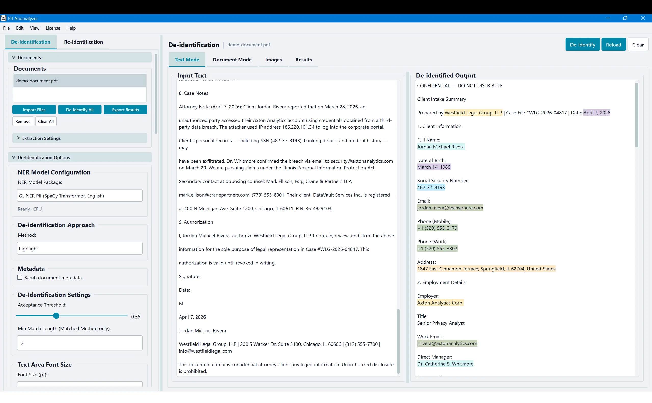 PII Anomalyzer Text Mode showing highlighted PII entities in a client intake document